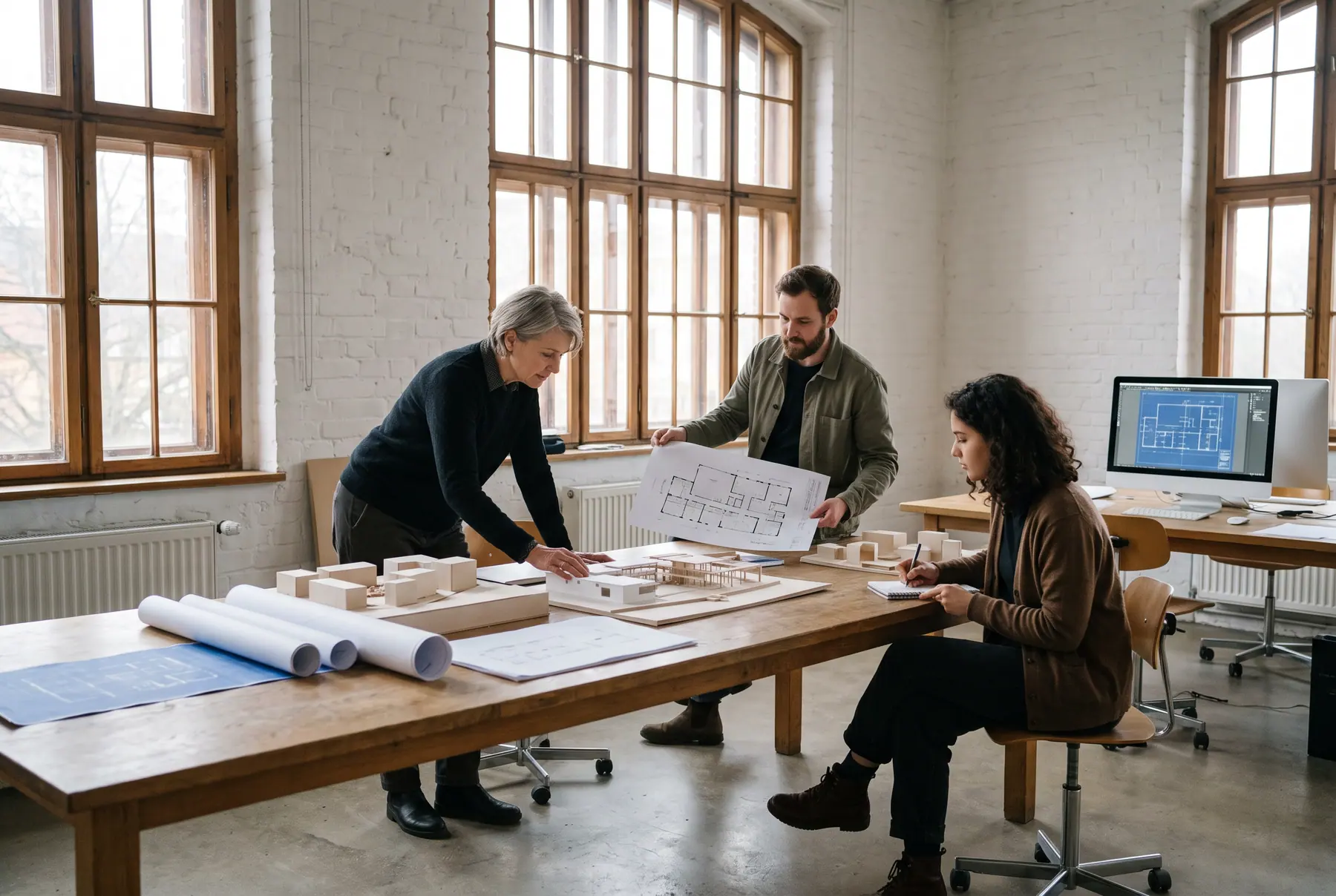 Drei Architekten arbeiten an einem langen Eichentisch mit Arbeitsmodellen und Plänen in einem hellen Altbaubüro