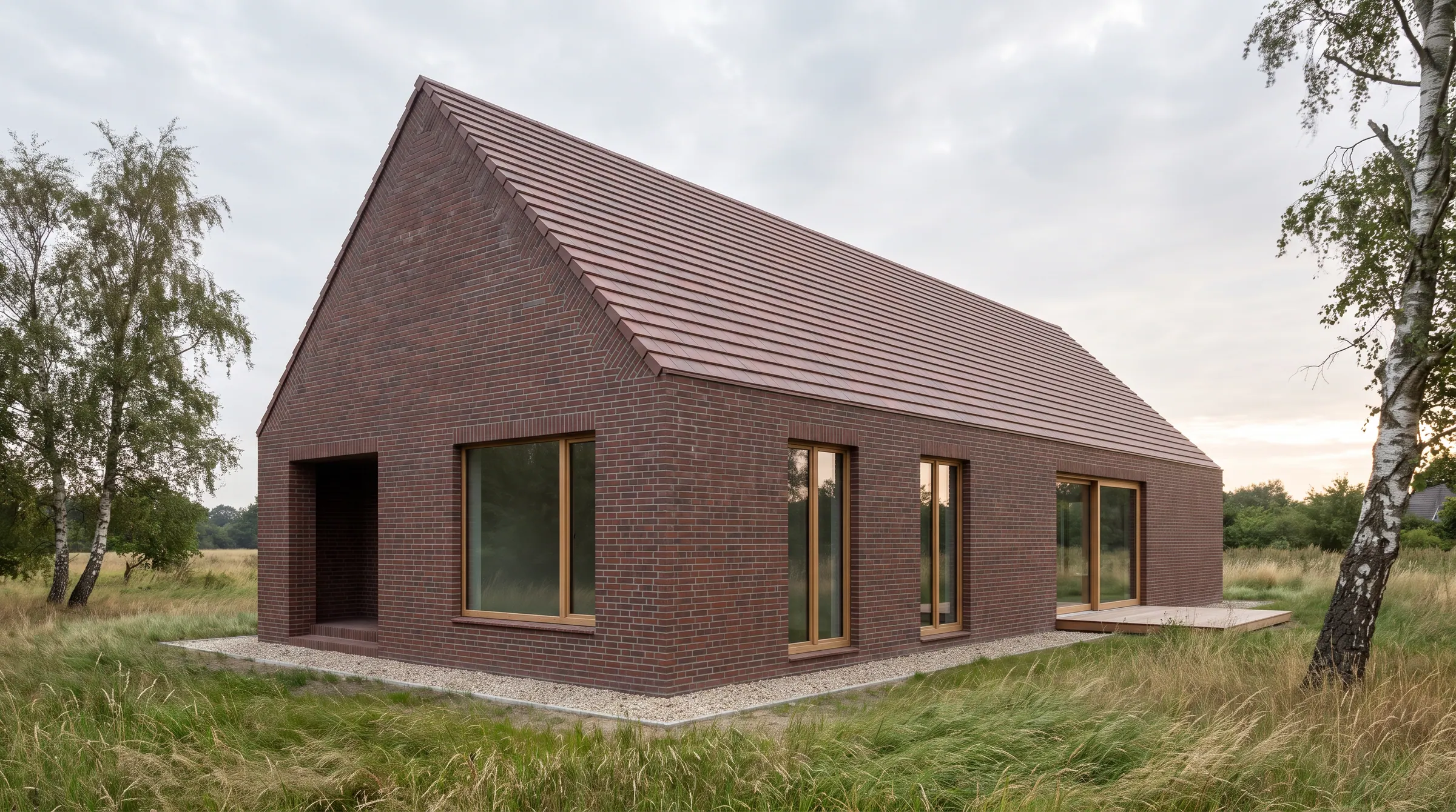 Das gebaute Langhaus aus dunkelrotem Klinker mit Eichenfenstern auf einer Wiese mit Birken, in derselben Perspektive wie die Zeichnung