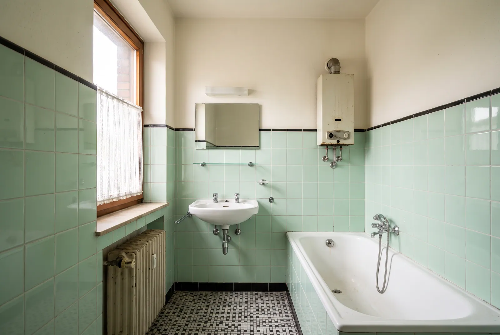 Vorher: Bad aus den 60ern mit mintgrünen Fliesen, Badewanne und Gastherme