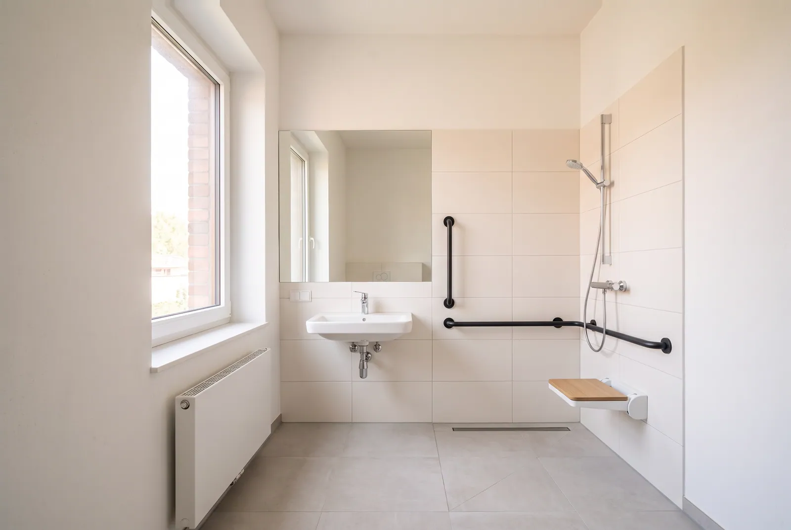 Nachher: barrierefreies Bad mit schwellenloser Dusche, Klappsitz, Haltegriffen und unterfahrbarem Waschtisch