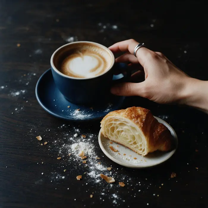 Cappuccino in der blauen Tasse, daneben ein halbes Croissant