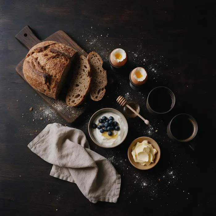 Frühstückstisch mit Roggenbrot, Eiern und Heidelbeerquark