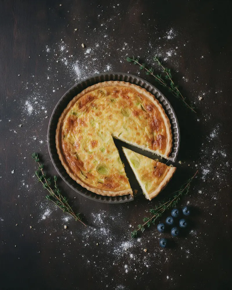 Quiche mit herausgeschnittenem Stück, cremige Füllung im Anschnitt