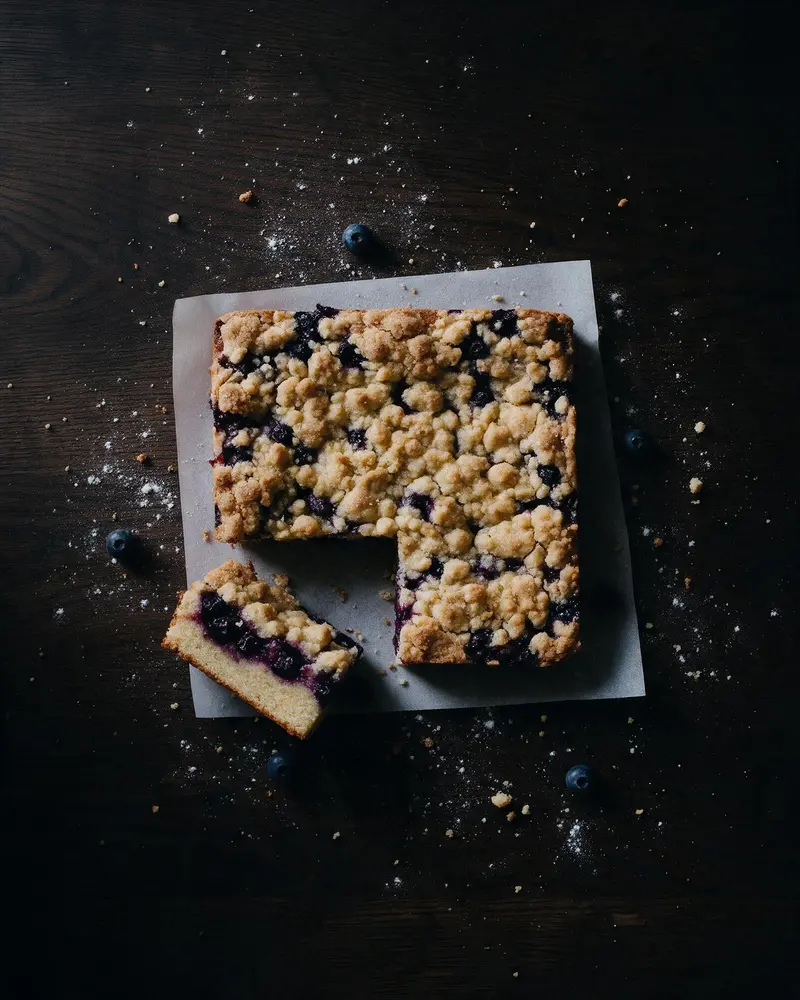 Angeschnittener Streuselkuchen mit dicker Heidelbeerschicht