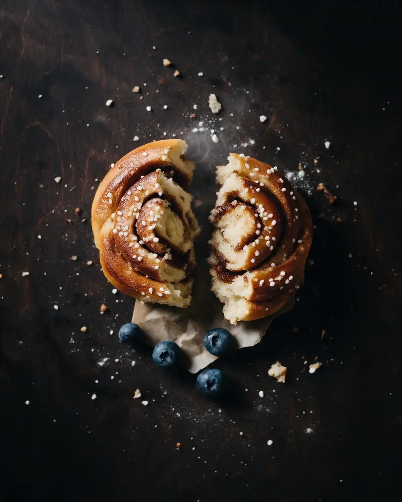 Aufgerissene Zimtschnecke, innen weich mit Zimtbutter