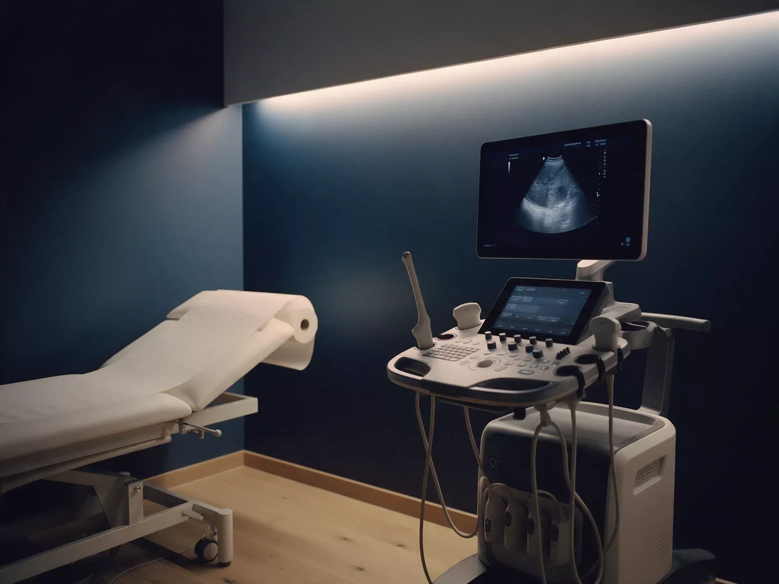 Abgedunkelter Echo-Raum mit Untersuchungsliege und Ultraschallgerät