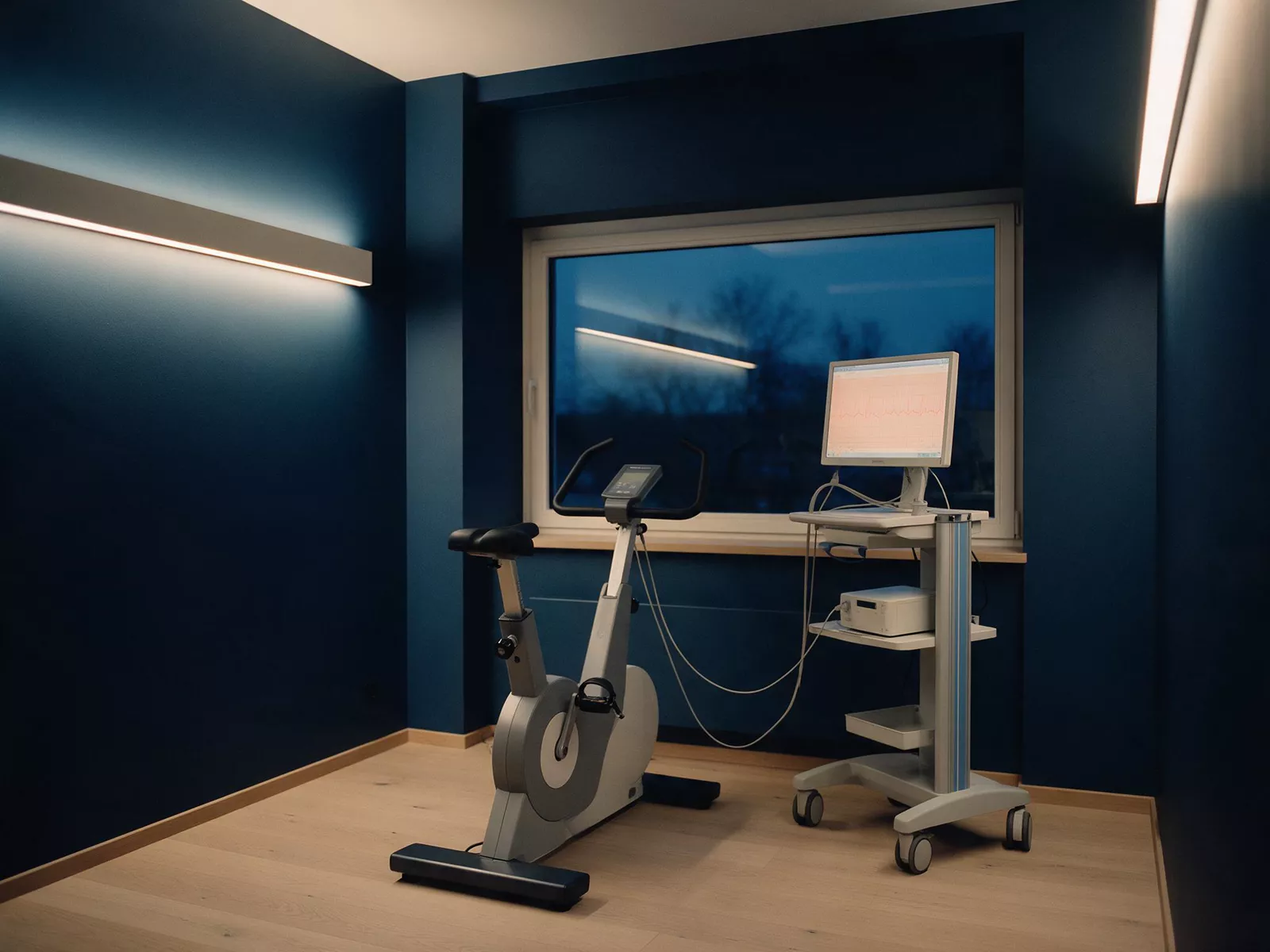 Raum für das Belastungs-EKG mit Fahrrad-Ergometer und EKG-Monitor am Fenster