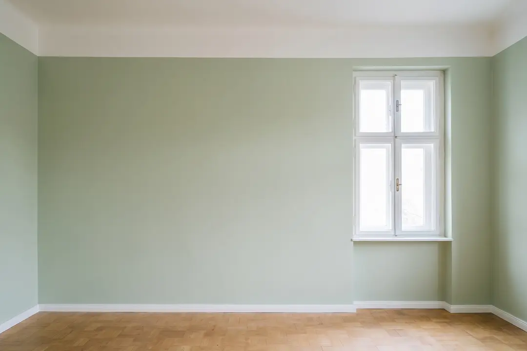 Dasselbe Wohnzimmer nach der Renovierung: glatte Wände in Salbeigrün, weiße Decke, weiße Fußleisten, geöltes Parkett