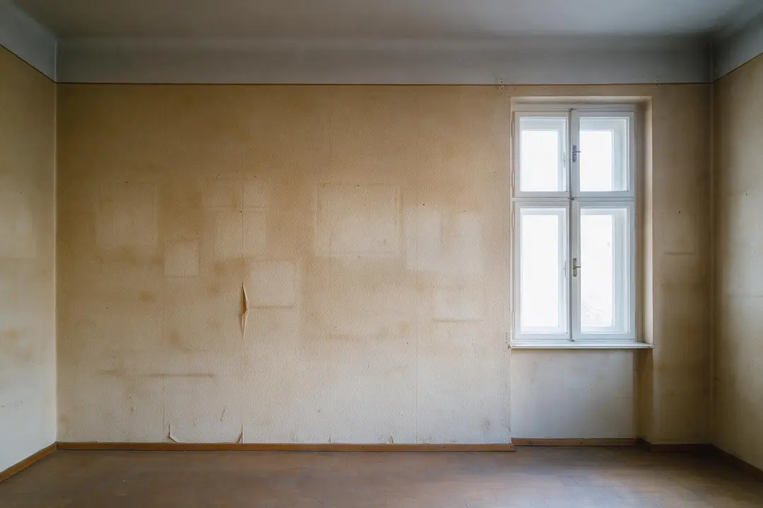 Leeres Altbau-Wohnzimmer mit vergilbter Raufasertapete, hellen Flecken von abgehängten Bildern und eingerissenen Bahnen
