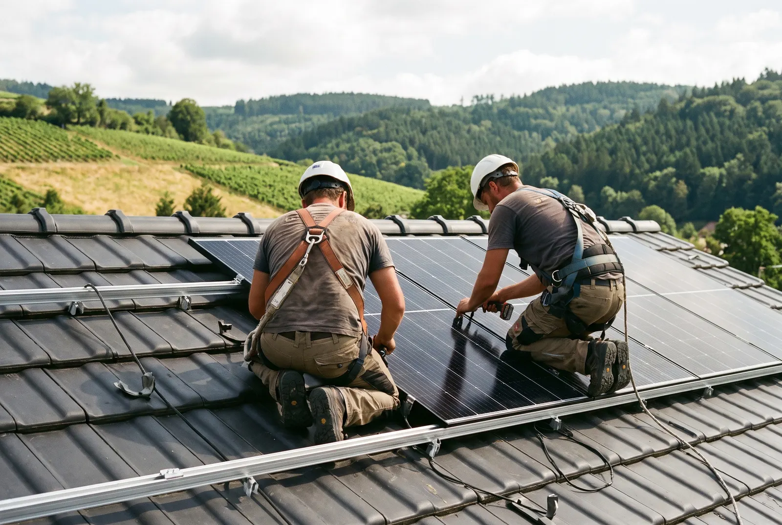 Zwei Monteure verschrauben schwarze Solarmodule auf einem anthrazitfarbenen Ziegeldach, im Hintergrund Weinberge und Wald.