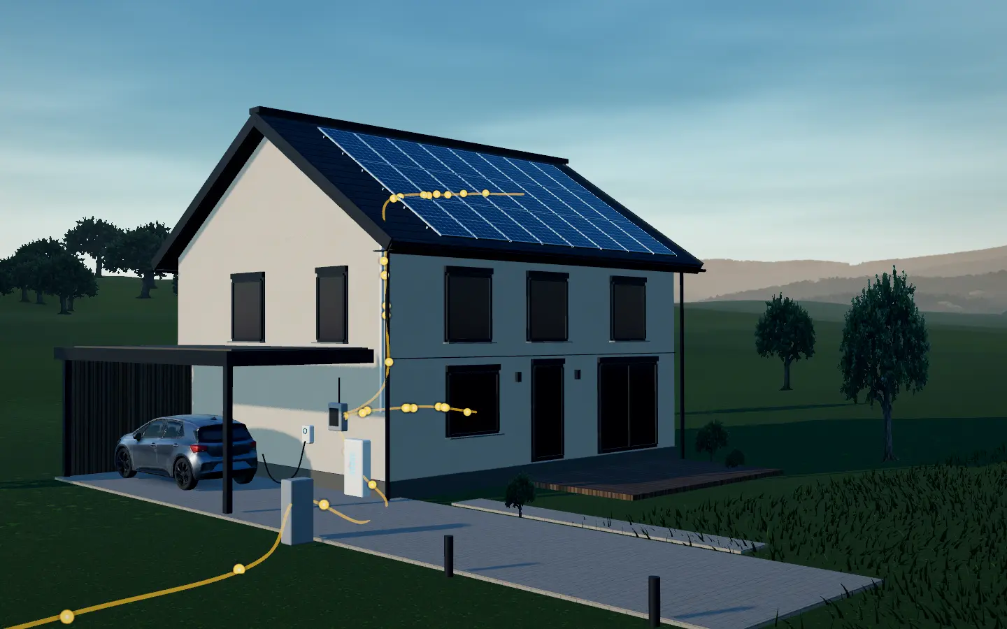 Das Haus mit Solaranlage um 19:33 Uhr. Abends geht der Rest ins Netz.
