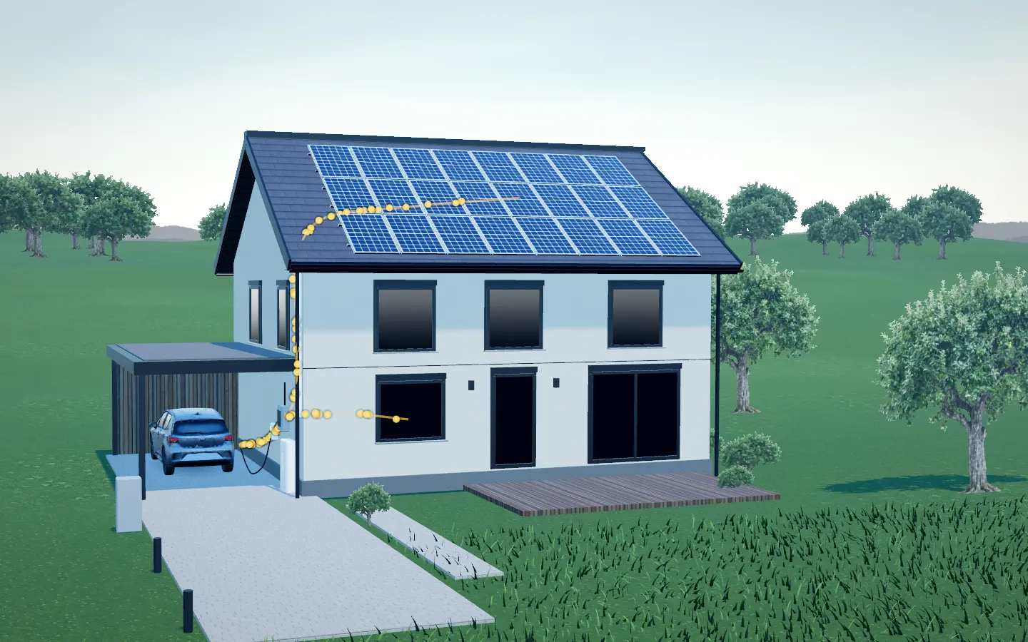 Das Haus mit Solaranlage um 13:12 Uhr. Mittags tankt das Auto Sonne.