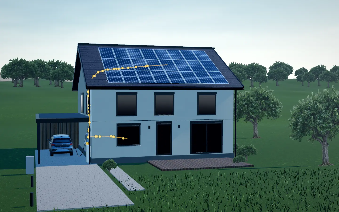 Das Haus mit Solaranlage um 09:18 Uhr. Morgens füllt sich der Speicher.