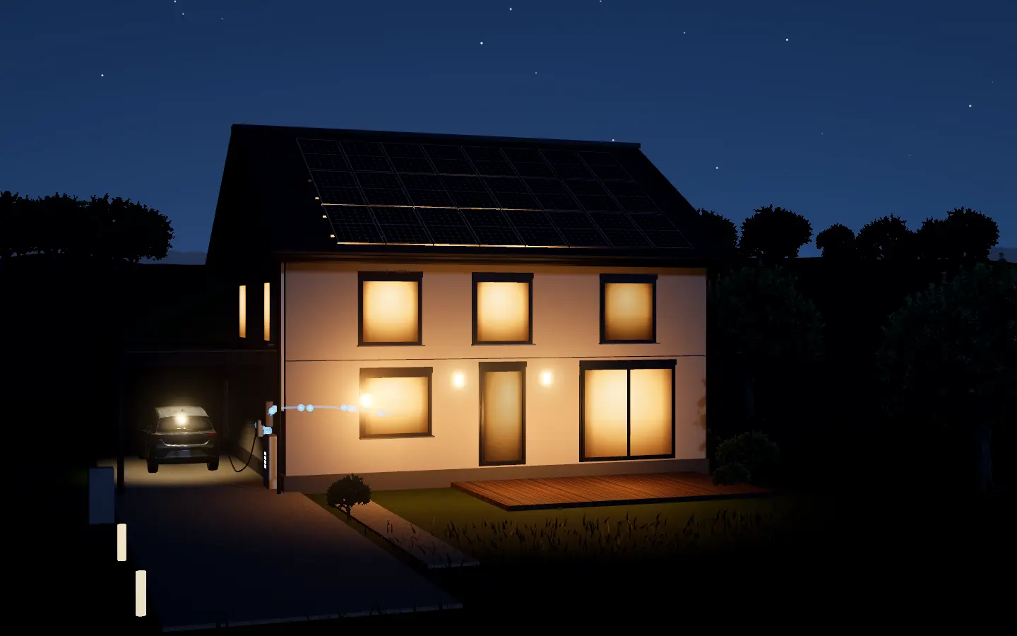 Das Haus mit Solaranlage um 22:36 Uhr. Nachts versorgt der Speicher das Haus.