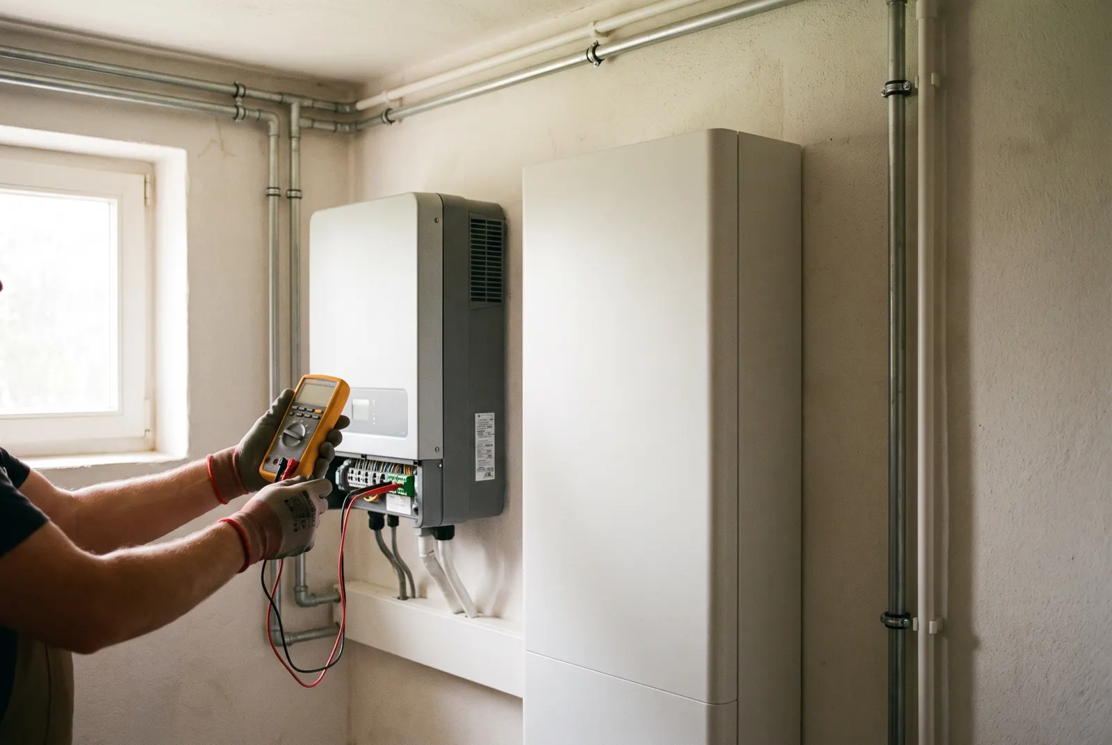 Ein Elektriker misst mit einem Multimeter am Wechselrichter, daneben ein weißer Stromspeicher an der Wand.