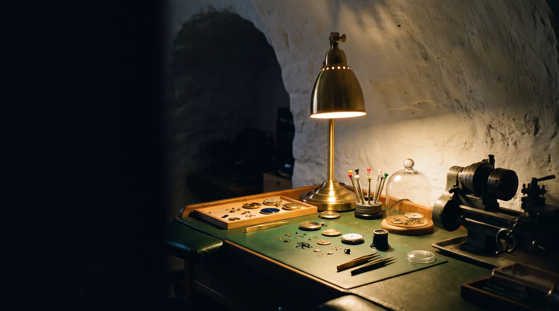 Werkbank mit Lampe, Uhrteilen in einer Schale, Schraubendrehern und einer kleinen Drehbank in einem Gewölbe