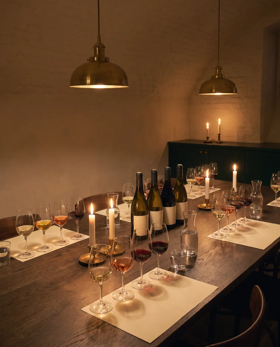 Langer Tisch, für eine Weinprobe gedeckt, mit Kerzen