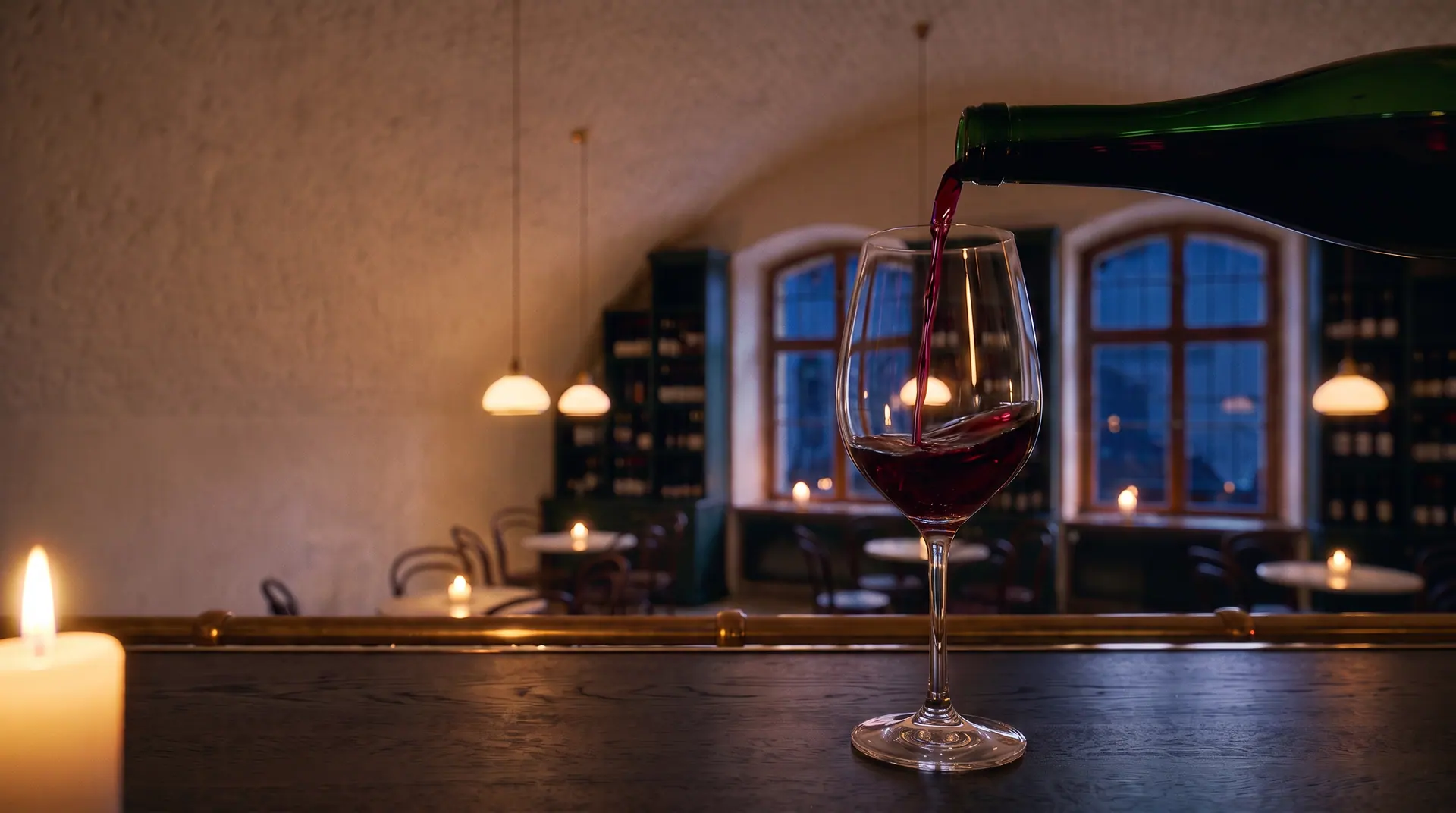 Ein Glas Spätburgunder wird bei Kerzenlicht eingeschenkt
