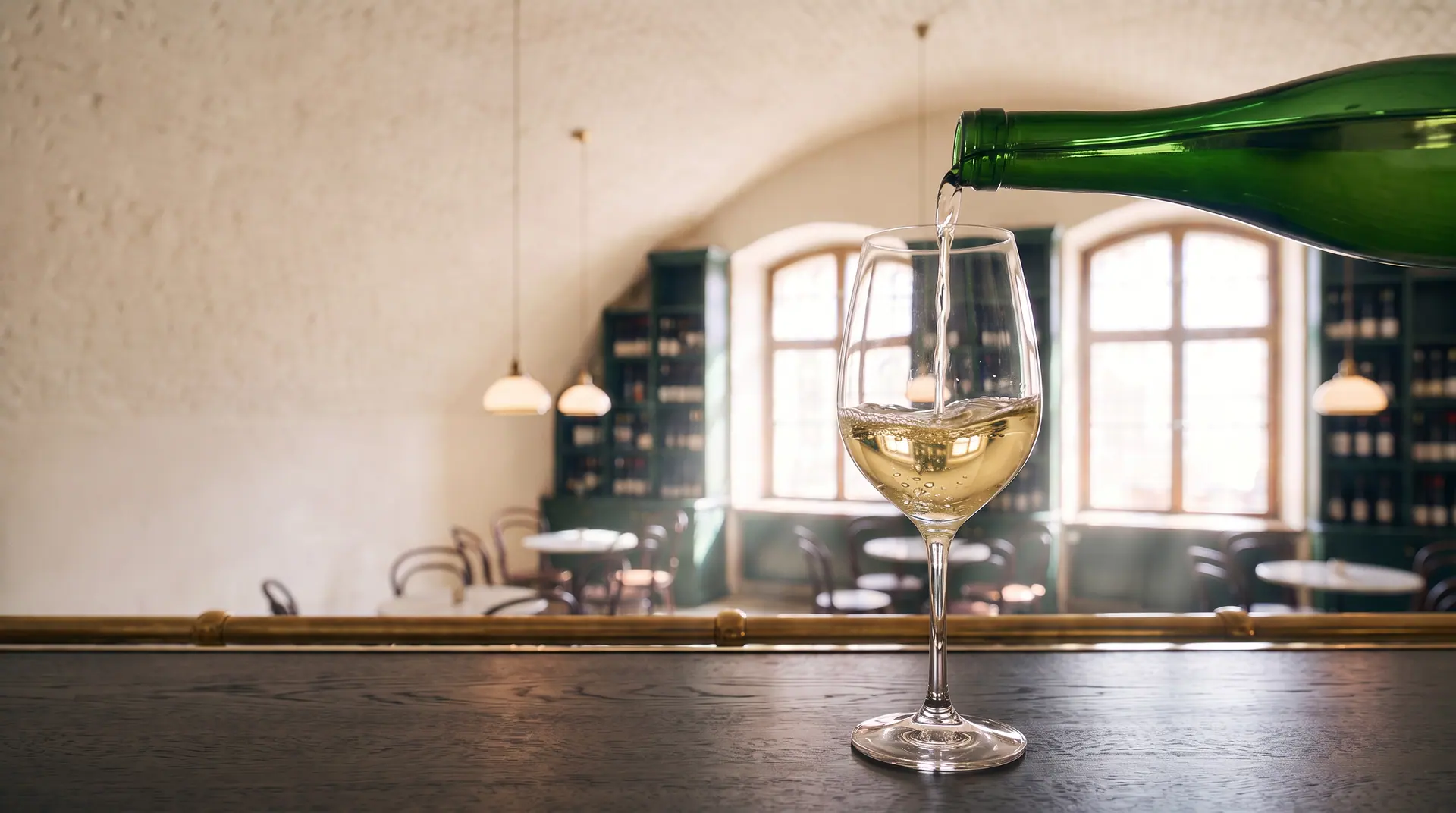 Ein Glas Riesling wird an der Theke eingeschenkt