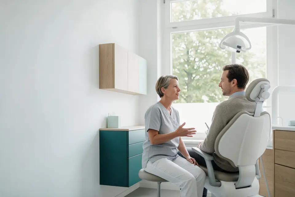 Die Zahnärztin sitzt auf Augenhöhe neben einem Patienten im aufrecht gestellten Behandlungsstuhl und erklärt ihm etwas.
