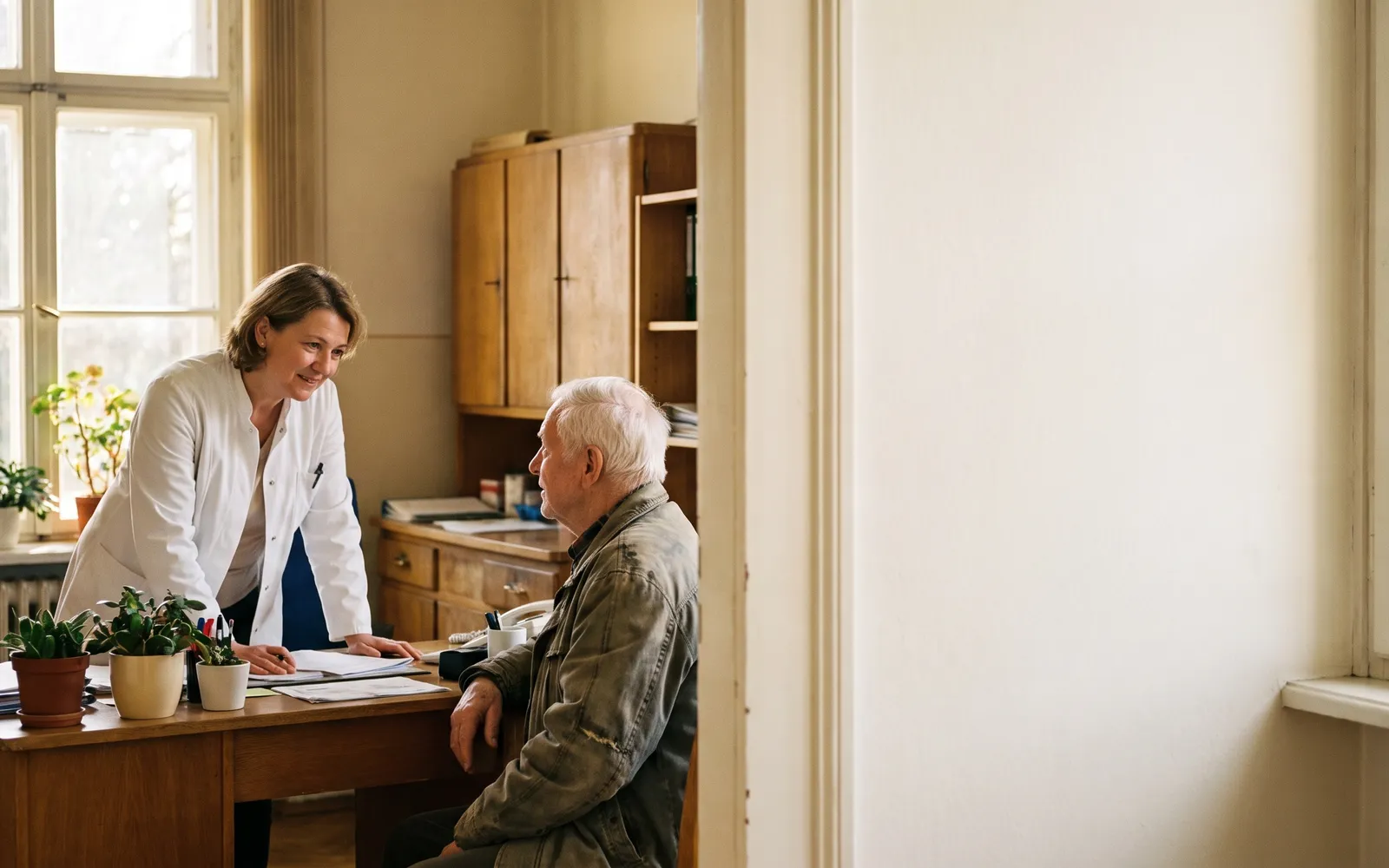 Hausärztin im weißen Kittel im Gespräch mit einem älteren Patienten in einem hellen Sprechzimmer mit Pflanzen