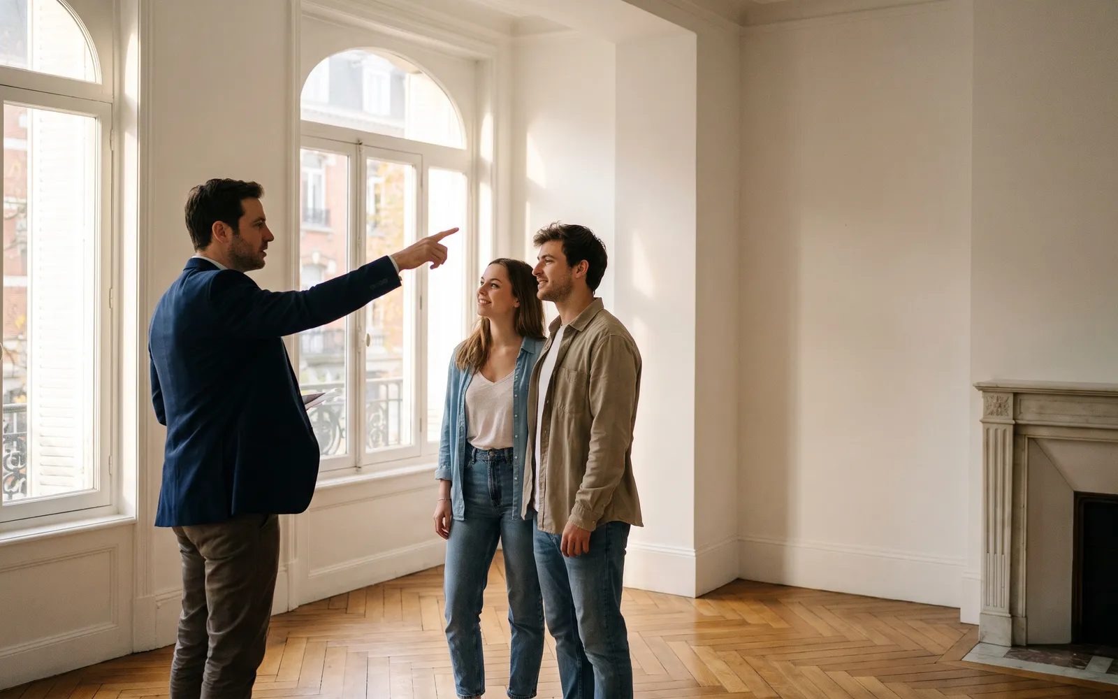 Immobilienmakler zeigt einem jungen Paar eine helle, leere Altbauwohnung mit Fischgrätparkett und hohen Fenstern