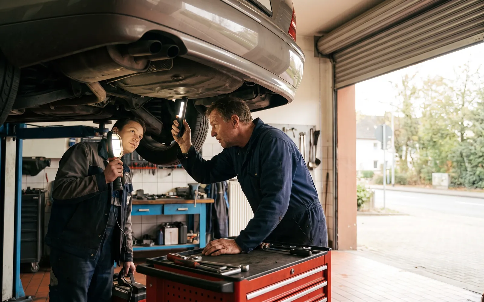 Zwei Kfz-Mechaniker in blauer Arbeitskleidung untersuchen mit Arbeitslampen den Unterboden eines Autos auf der Hebebühne