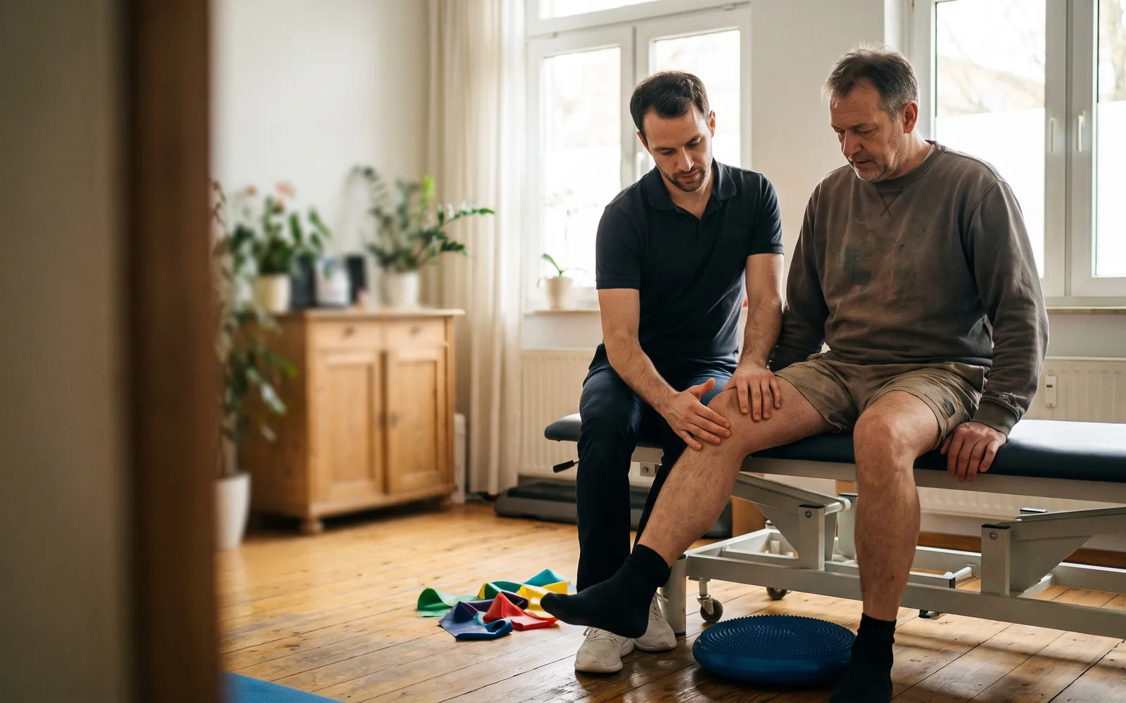 Physiotherapeut prüft das Knie eines Patienten auf einer Behandlungsbank in einer hellen Praxis mit Holzboden