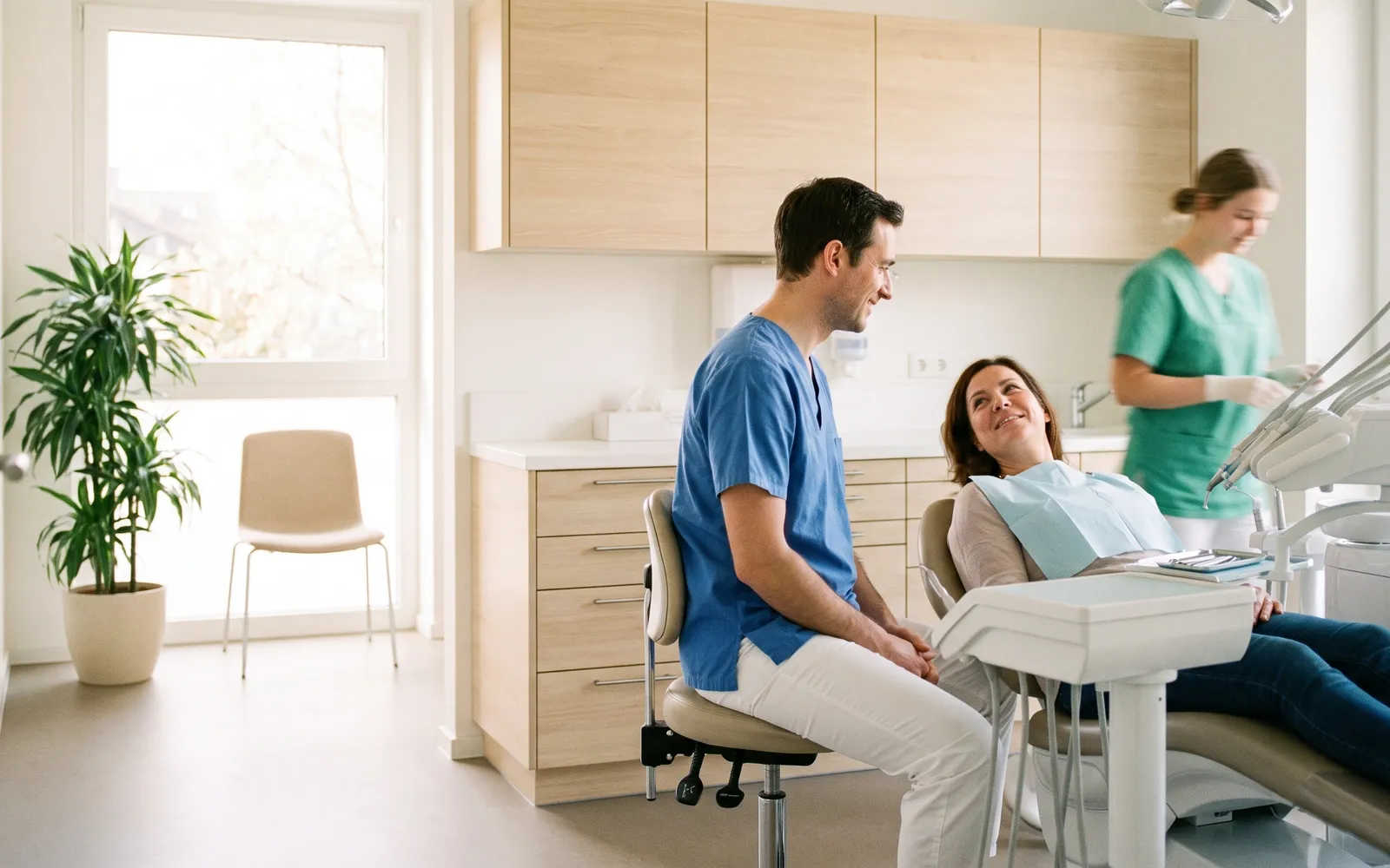 Zahnarzt in blauer Praxiskleidung spricht mit einer entspannten Patientin im Behandlungsstuhl, im Hintergrund bereitet eine Assistentin Instrumente vor